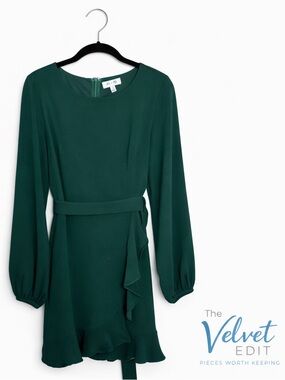 She + Sky Emerald Green Ruffle Wrap Dress Long Sleeve Size Small